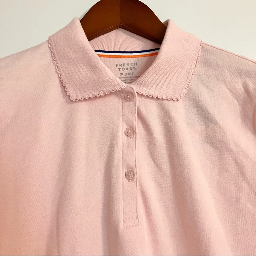 French Toast‎ pink long sleeve polo shirt scalloped collar & buttons. Size 14/16